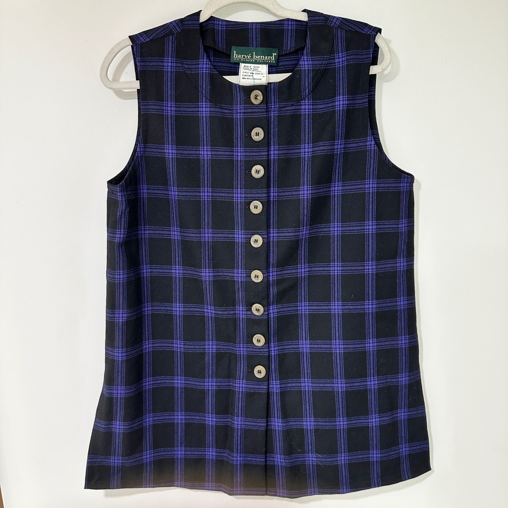 Harve Benard Womens Vest Plaid 100% Wool Button Front Dark Academia Black Purple